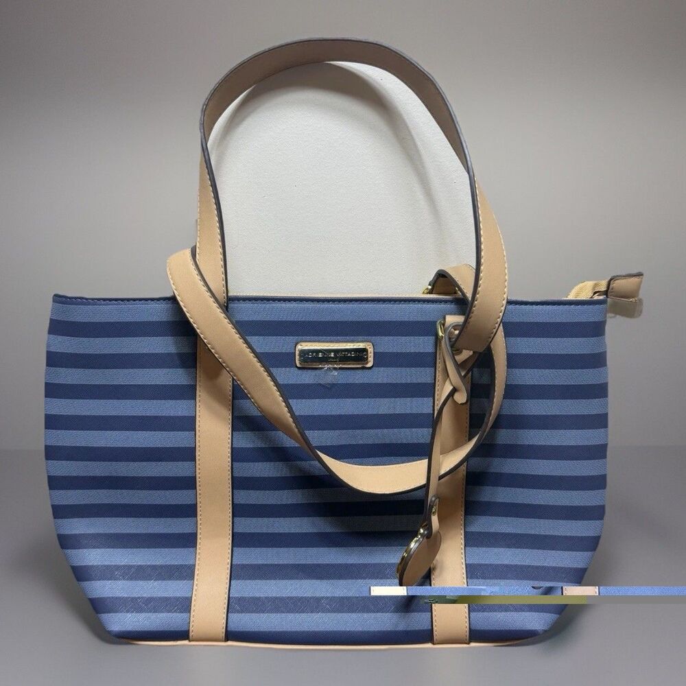 Adrienne Vittadini Striped Tote Bag Blue On Blue Large Satchel Purse Coastal